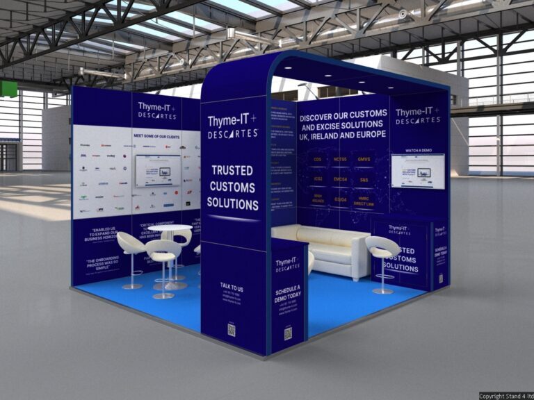 4x4 exhibition booth with open layout featuring two counters, a round meeting table with chairs, a sofa, two wall-mounted TVs, and an enclosed store room.