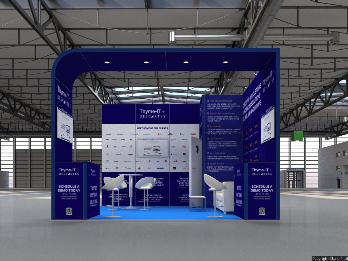 4x4 exhibition booth with open layout featuring two counters, a round meeting table with chairs, a sofa, two wall-mounted TVs, and an enclosed store room.