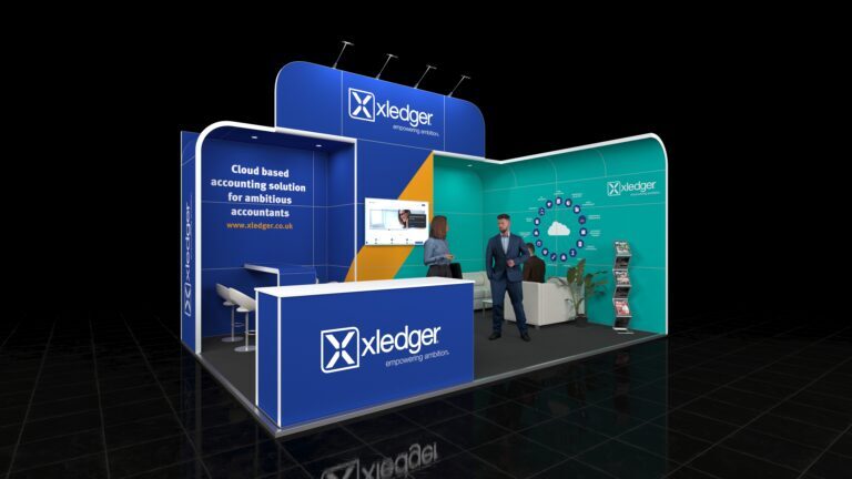 6x4 exhibition booth featuring a central screen, one counter, a brochure stand, a single meeting table with chairs, two sofas for casual seating, and a top banner for elevated brand visibility.