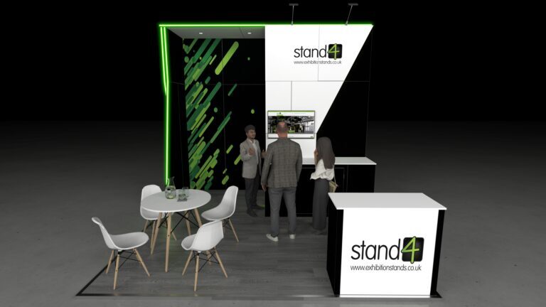 3D render of a 4x4m exhibition stand with an angled back wall, built-in counter, small round meeting table with four chairs, and a front reception counter on a raised floor platform.