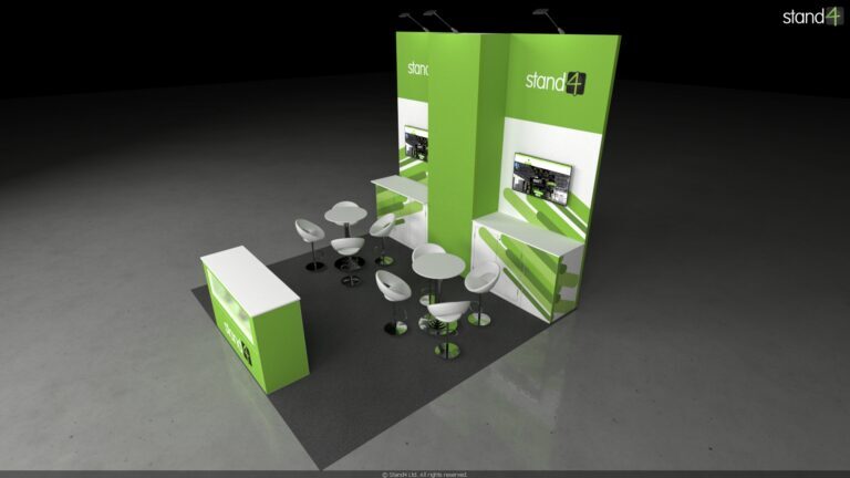 4x4m exhibition stand featuring an open-corner layout with a tall back wall, integrated monitors, and overhead lighting for digital presentations.