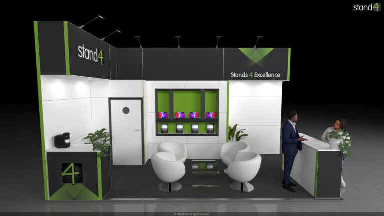 3D rendering of an exhibition stand design featuring a front reception counter, a central meeting area with four round lounge chairs, built-in wall display shelves, a small refreshment station, and a closed door leading to a private storage room.