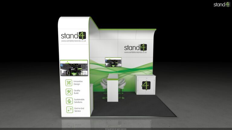 3D rendering of an L-shaped exhibition stand featuring an overhead canopy, a high-top meeting table with four bar stools, two lockable storage cabinets, and wall-mounted digital screens.