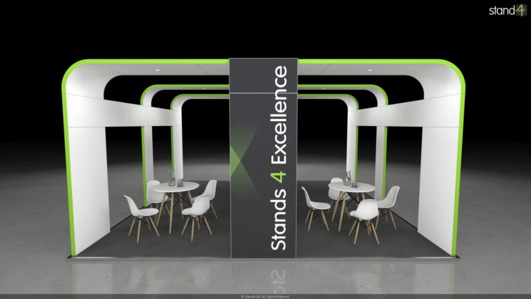 3D rendering of an open-plan exhibition stand with large arching overhead structures, a central support pillar featuring a wall-mounted digital screen, and two separate meeting spaces, each furnished with a round table and four chairs.