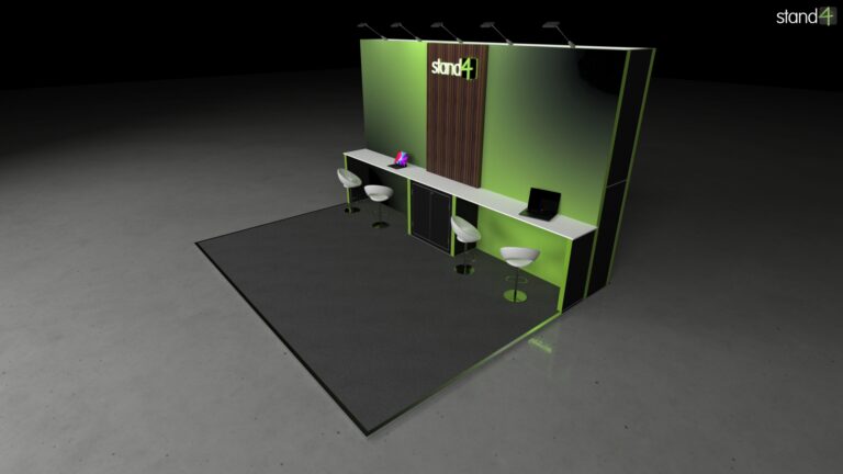 3D rendering of a linear exhibition stand displaying a wide, continuous workstation counter with four bar stools, a central built-in lockable cabinet, and a flat backwall equipped with overhead arm lights.