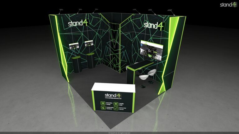 3D rendering of an open corner exhibition stand featuring angular geometric wall structures. The space includes a front reception counter, a high-top peninsula table with three bar stools, a large wall-mounted digital screen, two freestanding display pedestals with smaller screens, and a built-in door leading to a private storage area.