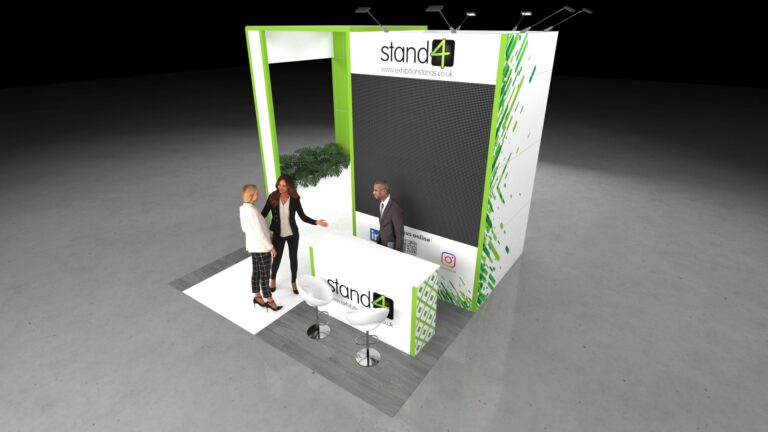Full view of a 4x4m modular exhibition stand featuring a tall main store, a separate entrance arch, a straight counter, two bar stools, and a floor planter.