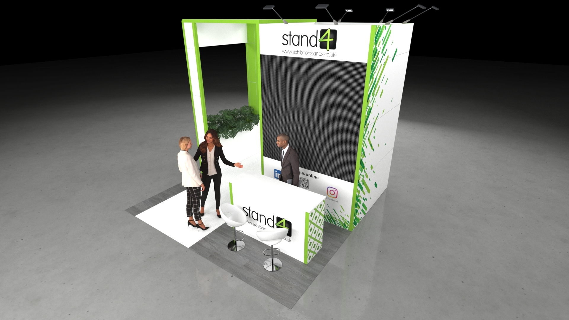 Full view of a 4x4m modular exhibition stand featuring a tall main store, a separate entrance arch, a straight counter, two bar stools, and a floor planter.