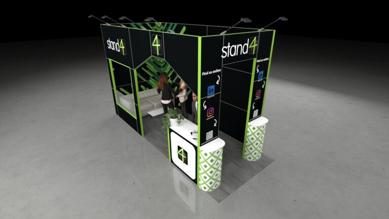 View of a modular, two-open-side 5x2m exhibition stand featuring tall branded walls, a white sofa in a recessed lounge area, a white reception desk, and two cylindrical foreground display units. The stand is optimized for both informal meetings and direct visitor engagement.