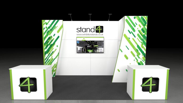 A professional, brightly lit 5x3-meter modular exhibition booth. The stand has a high central back wall with a display monitor, flanked by two angled graphic pillars. Two rectangular counter units are positioned in the foreground. The floor is covered in dark carpet over a light concrete surface.