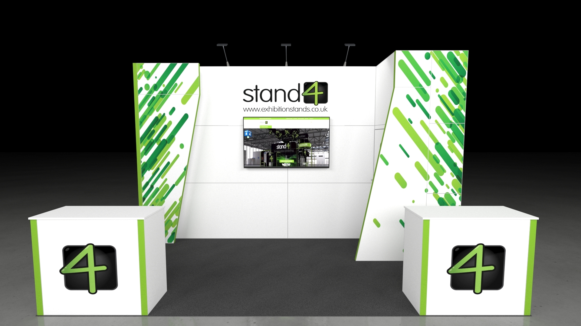 A professional, brightly lit 5x3-meter modular exhibition booth. The stand has a high central back wall with a display monitor, flanked by two angled graphic pillars. Two rectangular counter units are positioned in the foreground. The floor is covered in dark carpet over a light concrete surface.