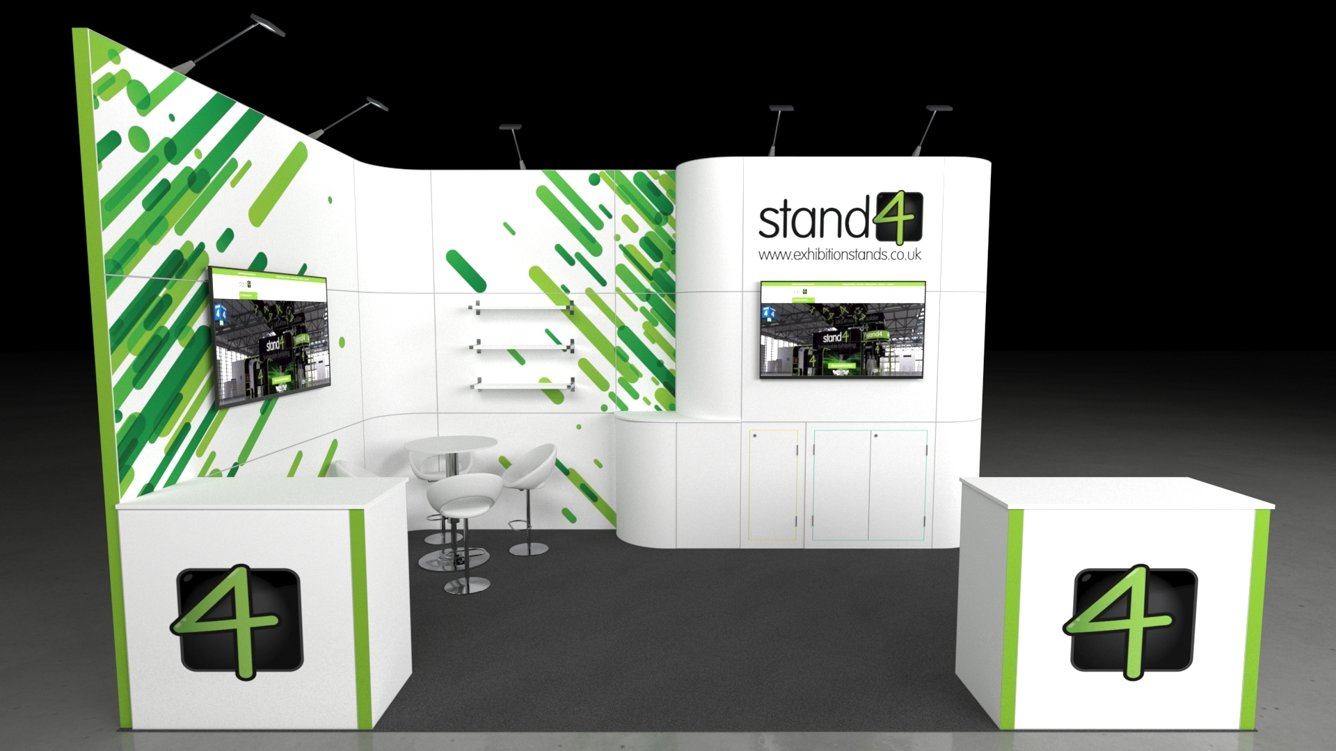A modern, dynamic 5x3-meter modular exhibition booth. The design features a curved back wall with two integrated display monitors and lockable storage cabinets beneath. There is a central, semi-enclosed seating area with a small round table and high stools. The walls include prominent areas for graphics and product shelves. Two branded counter units are positioned at the front corners.
