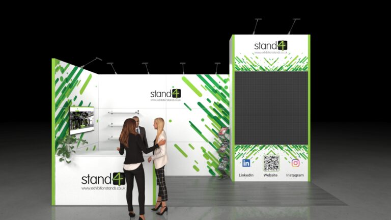 A modern 6x2m modular exhibition stand featuring a large, tiered back wall. The design includes a reception desk for attendee engagement, display shelving, and multiple media points, including a large integrated video wall and a smaller monitor. The stand is shown on a grey floor with a dark background.