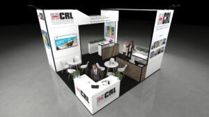 A 6x6 metre exhibition stand. The open layout includes a central reception counter, two round meeting tables, and a rear service bar with a wooden slatted screen. An overhead arch connects the main pillars. People are shown interacting around the integrated screens and graphics.