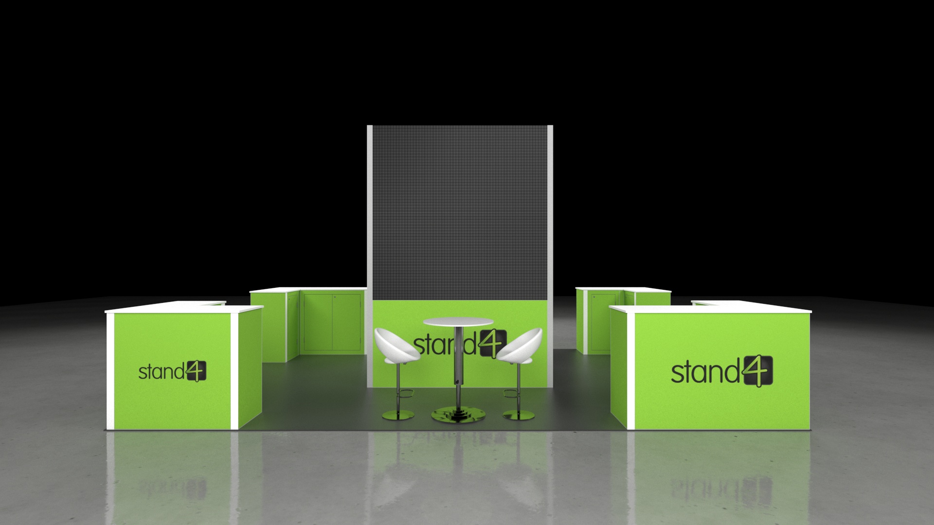 Snowdon Stand1 6x4 exhibition booth with central wraparound LED walls, four counters positioned around the perimeter, a small round meeting table with stools, and an open layout designed for high visibility and interaction.