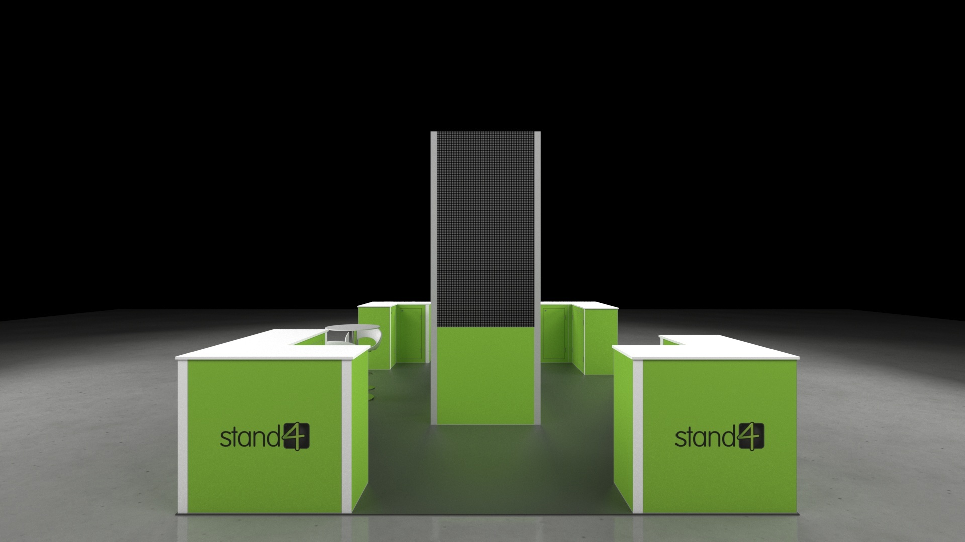 Snowdon Stand3 6x4 exhibition booth with central wraparound LED walls, four counters positioned around the perimeter, a small round meeting table with stools, and an open layout designed for high visibility and interaction.