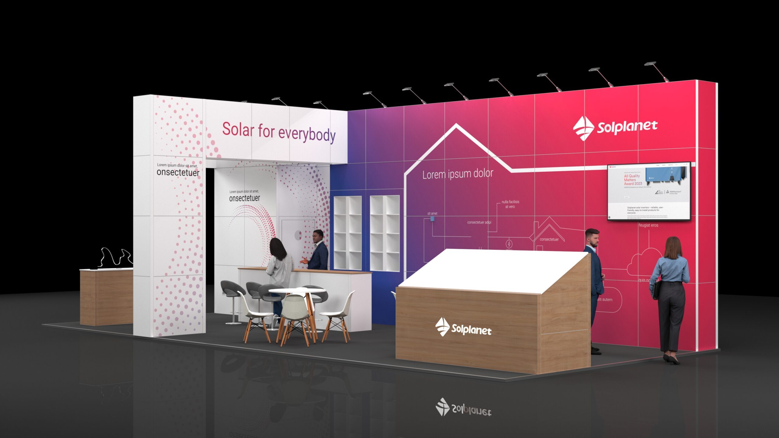 Aberdeen2 Modern exhibition stand featuring a front reception counter with stools, wall displays with digital screens, a small meeting area with a round table and chairs, and a sloped display structure, all arranged in an open, well-lit layout designed for visitor engagement.