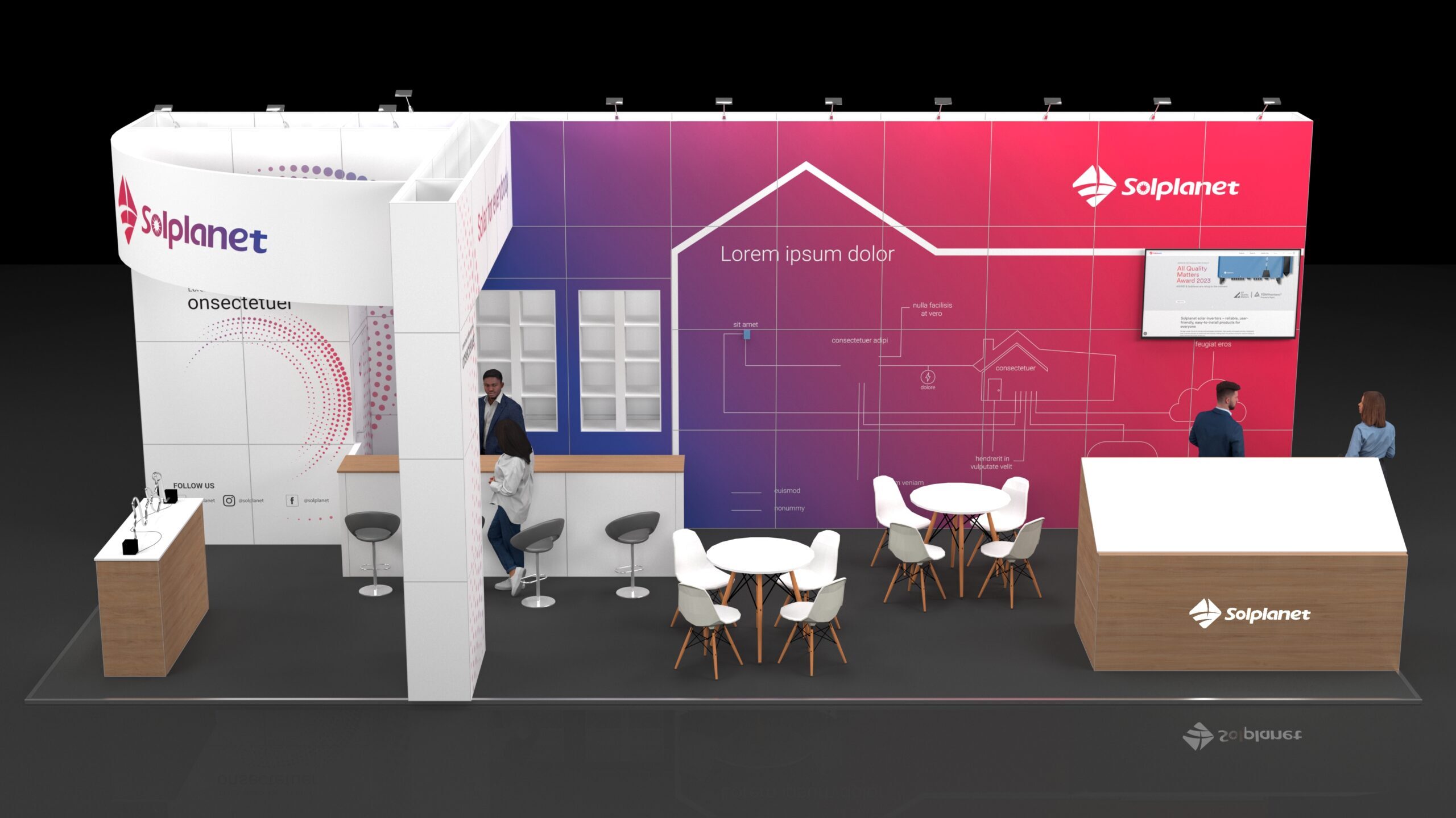 Aberdeen3 Modern exhibition stand featuring a front reception counter with stools, wall displays with digital screens, a small meeting area with a round table and chairs, and a sloped display structure, all arranged in an open, well-lit layout designed for visitor engagement.