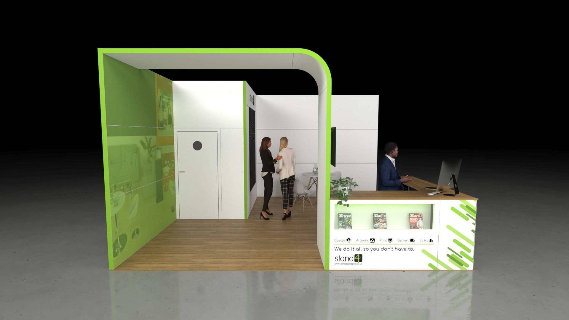 3D-rendered exhibition stand with a curved frame design, a front reception counter with a computer and plant, a small meeting area with a round table and chairs, and a built-in door and display wall on a wood-style floor.
