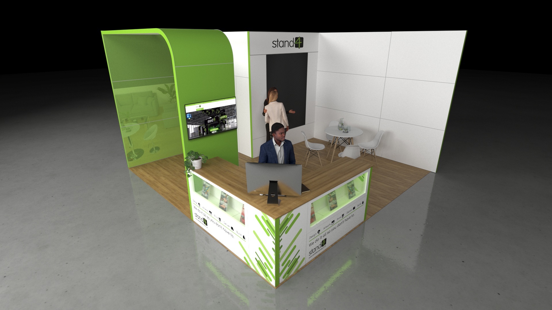 3D-rendered exhibition stand with a curved frame design, a front reception counter with a computer and plant, a small meeting area with a round table and chairs, and a built-in door and display wall on a wood-style floor.