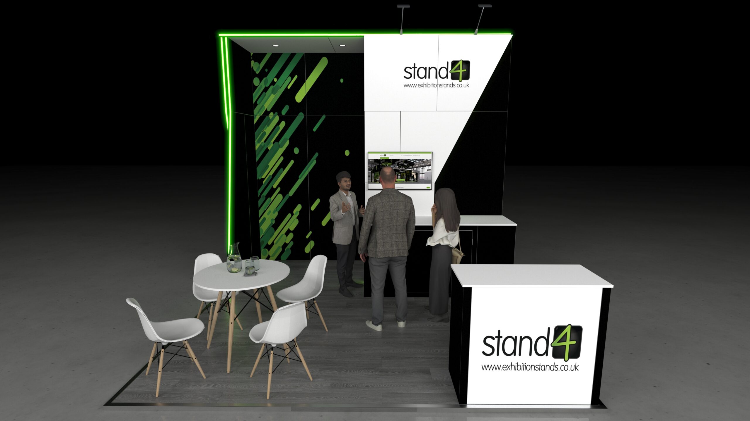 3D render of a 4x4m exhibition stand with an angled back wall, built-in counter, small round meeting table with four chairs, and a front reception counter on a raised floor platform.