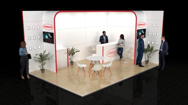 Modern 6x4 exhibition booth with white walls, red accents, dual counters, meeting area, digital screens, and decorative plants on light wood flooring. 📝 Caption Sleek 6x4 exhibition stand featuring clean design, functional zones for demos and meetings, and vibrant branding elements. 📄 Short Description This 6x4 booth includes dual counters, a seating area, digital screens, and red-accented white walls—ideal for product demos, networking, and brand engagement. Let me know if you'd like me to do the same for the other stands you've shared, or if you want these formatted for a brochure or pitch deck.