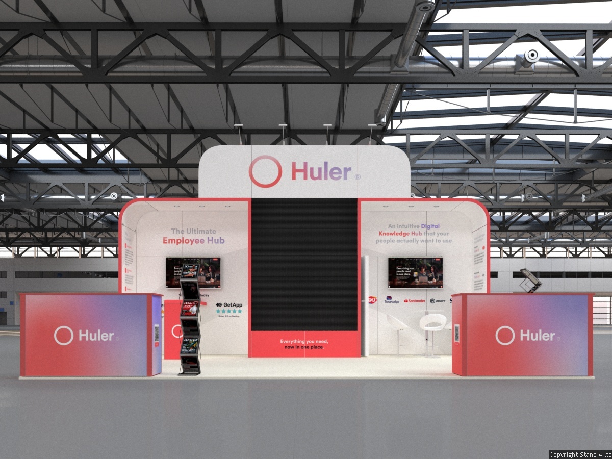 Helvellyn Stand 7x5 exhibition booth with large LED screen, two TVs, one round meeting table with chairs, dual counters, brochure stands, a workshop area, and an enclosed store room.