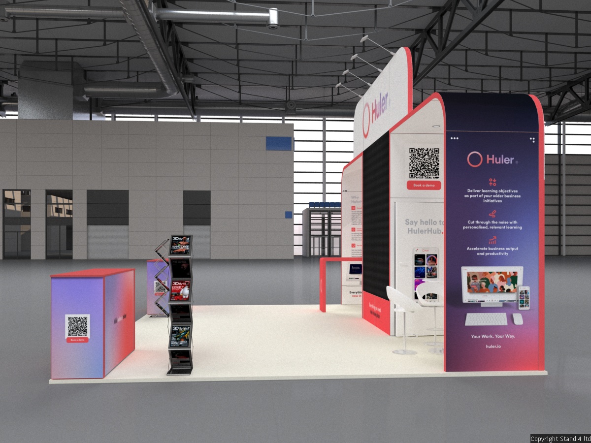 Helvellyn Stand 7x5 exhibition booth with large LED screen, two TVs, one round meeting table with chairs, dual counters, brochure stands, a workshop area, and an enclosed store room.