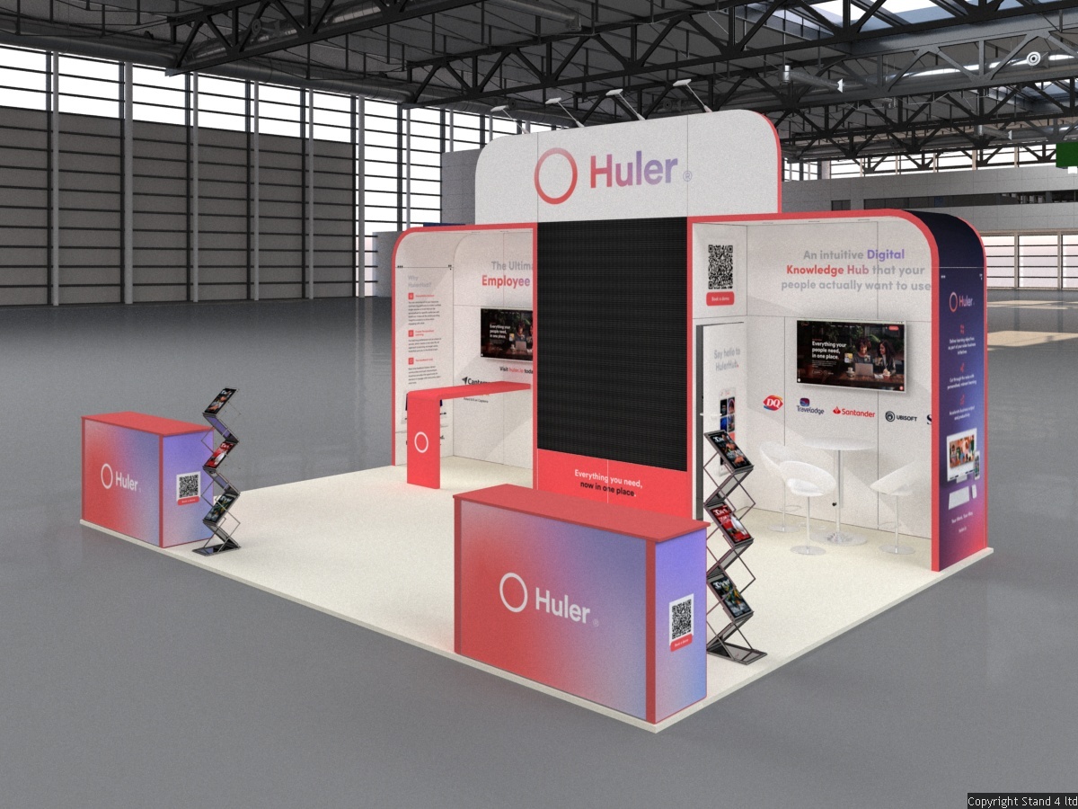 7x5 exhibition booth with large LED screen, two TVs, one round meeting table with chairs, dual counters, brochure stands, a workshop area, and an enclosed store room.