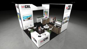 A 6x6 metre exhibition stand. The open layout includes a central reception counter, two round meeting tables, and a rear service bar with a wooden slatted screen. An overhead arch connects the main pillars. People are shown interacting around the integrated screens and graphics.