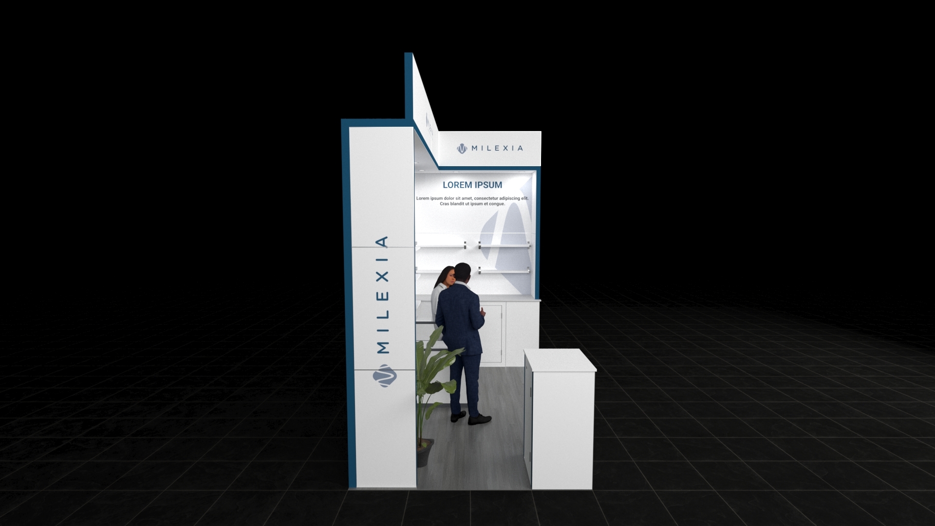 Butser Stand1 2x3 exhibition booth with central counter, illuminated shelving on back and side walls, two printed panels, overhead lighting, and a decorative plant.