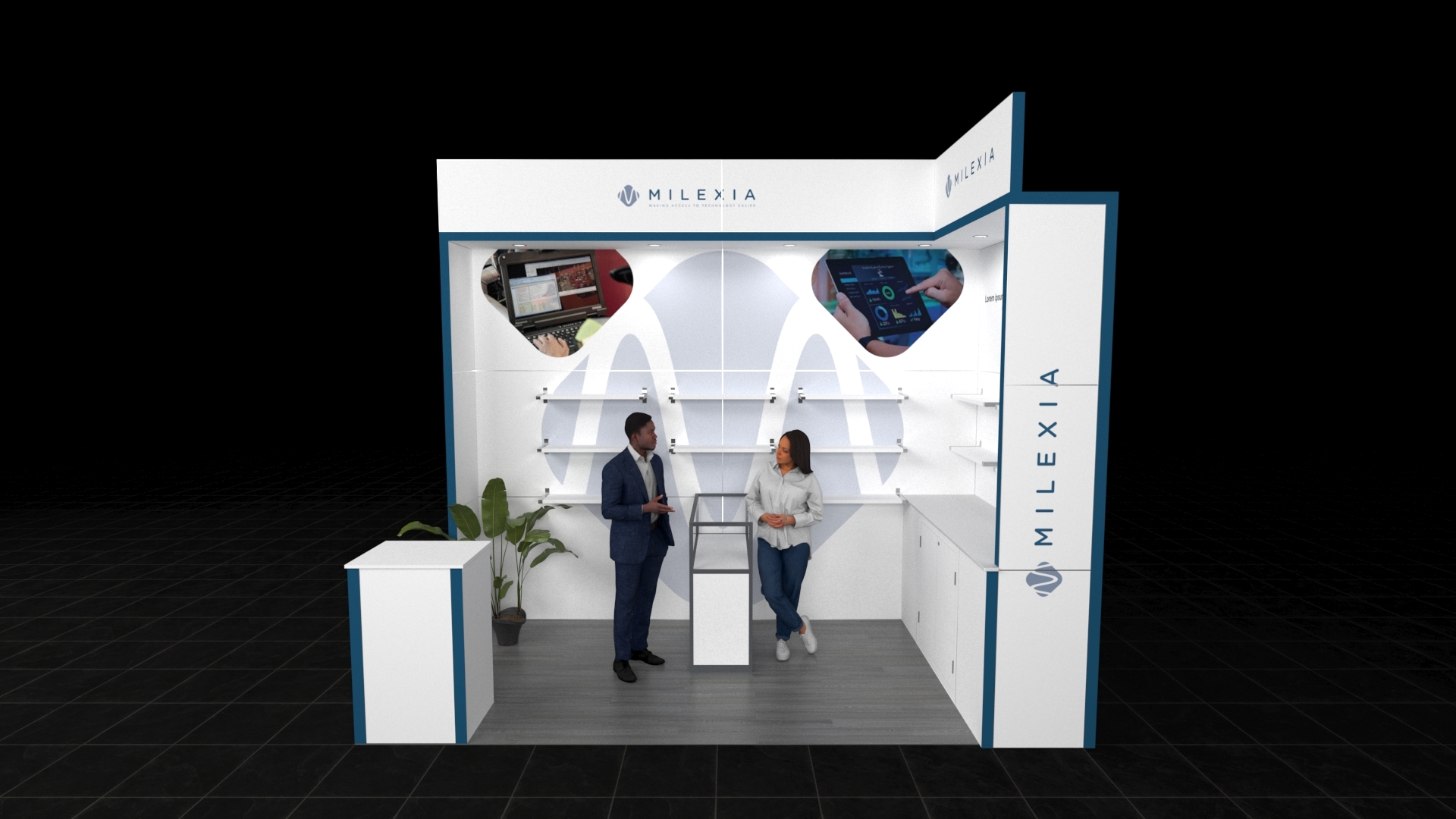Butser Stand2 2x3 exhibition booth with central counter, illuminated shelving on back and side walls, two printed panels, overhead lighting, and a decorative plant.