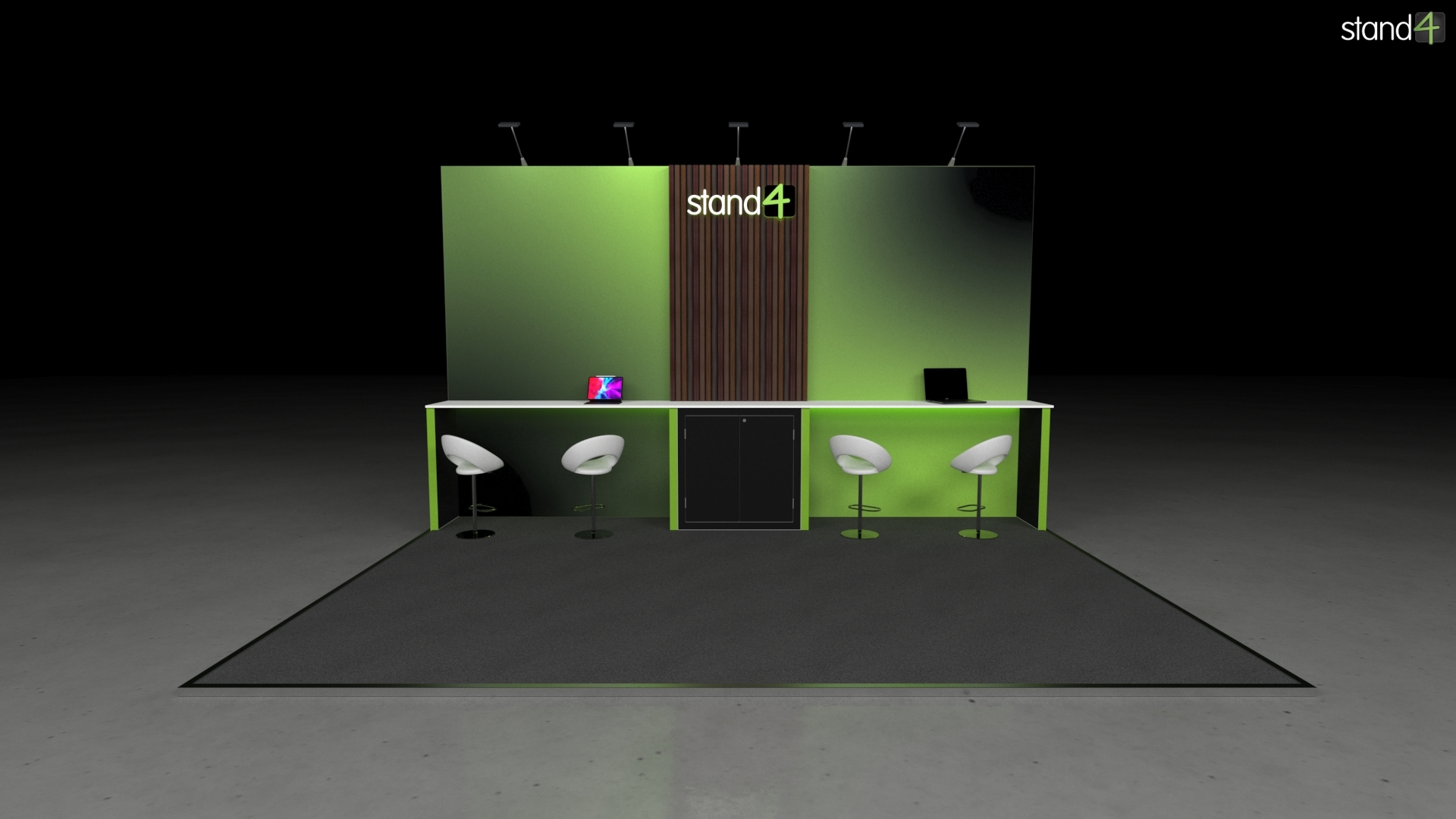 Ben_Macdui_Stand_1 3D rendering of a linear exhibition stand displaying a wide, continuous workstation counter with four bar stools, a central built-in lockable cabinet, and a flat backwall equipped with overhead arm lights.