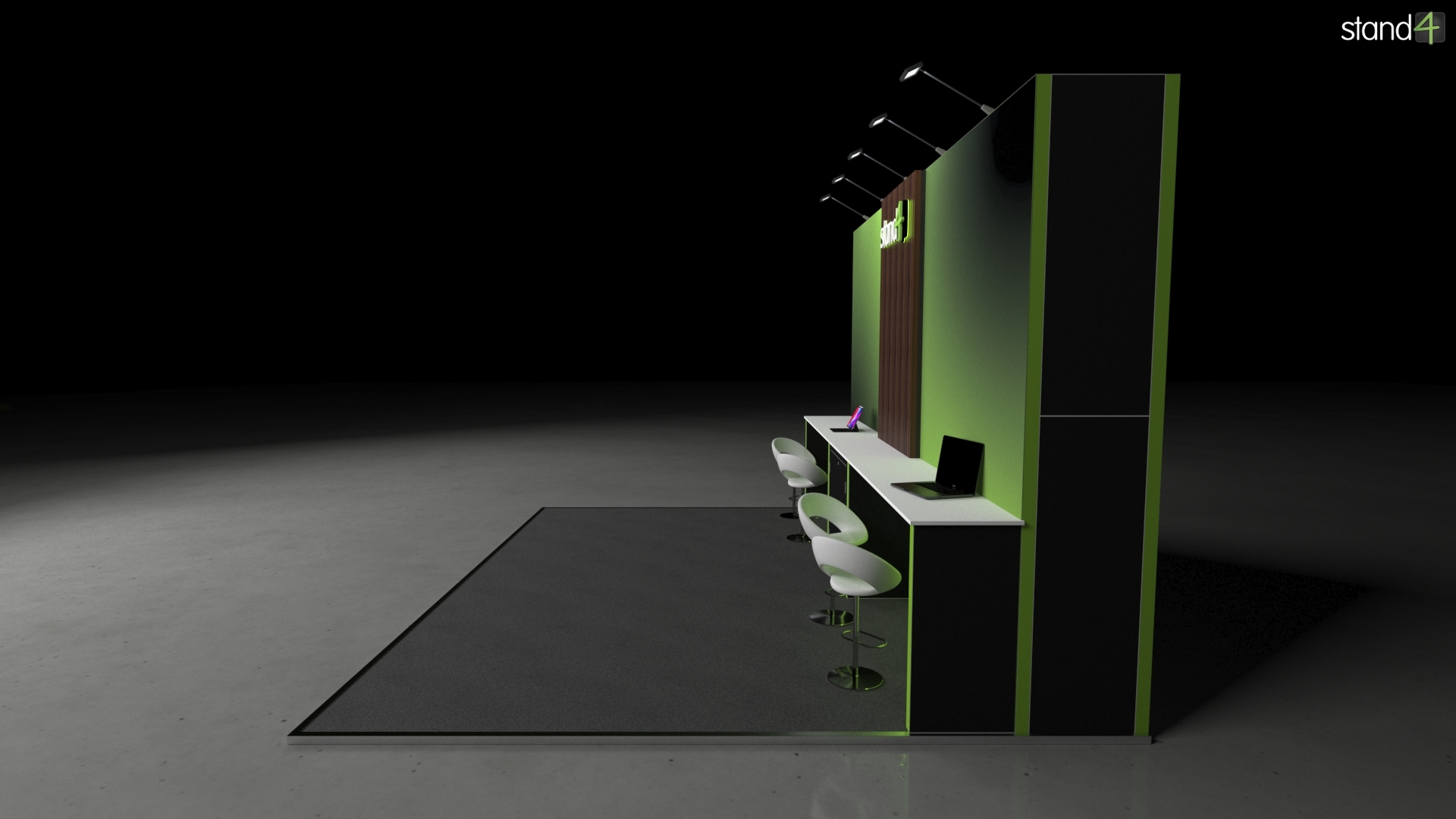 Ben_Macdui_Stand_3 3D rendering of a linear exhibition stand displaying a wide, continuous workstation counter with four bar stools, a central built-in lockable cabinet, and a flat backwall equipped with overhead arm lights.