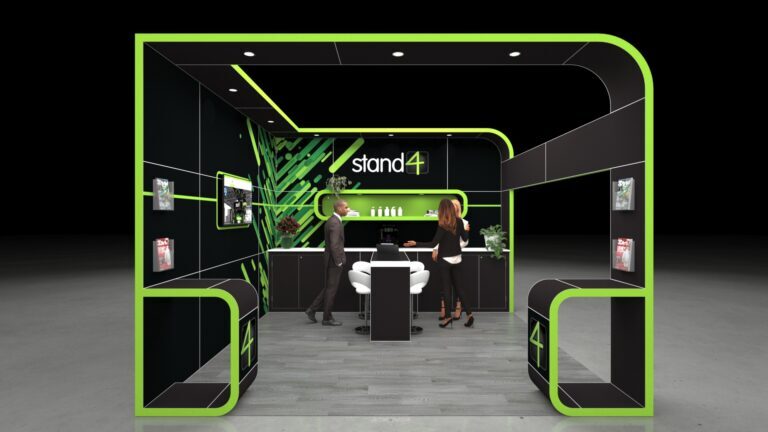 A 4x4 Modern exhibition stand with rounded rectangular frame, central counter, seating area, back wall shelving, and open side displays.