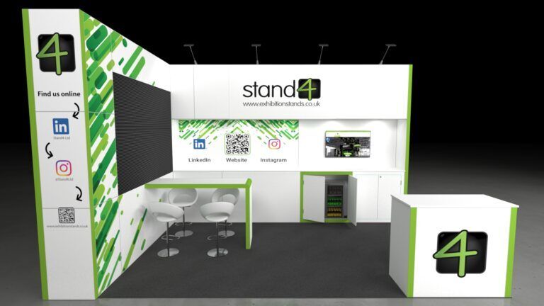 A professional, brightly lit 5x3-meter modular exhibition stand with advanced media capabilities. The stand features a large black LED video wall on the left side. To the right of the LED wall is a small, semi-private bar-height table with three white stools. The back wall includes a secondary display monitor, lockable cabinets, an integrated mini-fridge, and prominent branding areas. A single branded counter unit sits in the right foreground.