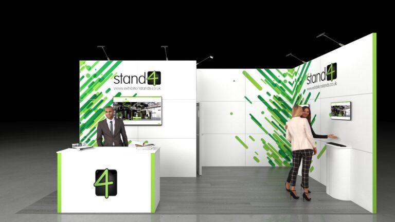 A professional 6x3m modular exhibition stand featuring an L-shaped back wall. The stand includes a large reception desk, multiple integrated monitors/media screens, and plinths for product demonstration. The back wall contains a hidden lockable storage room. The stand is shown on a grey wooden floor against a black background.