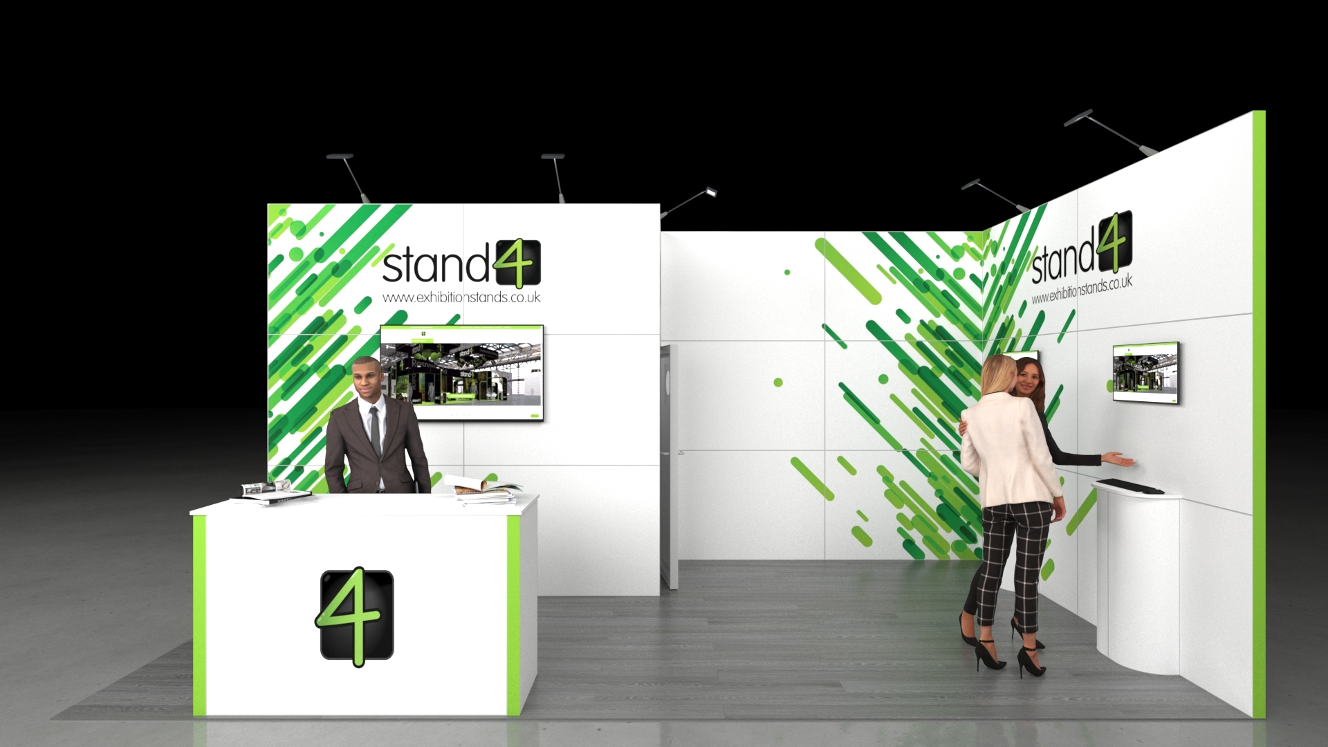 A professional 6x3m modular exhibition stand featuring an L-shaped back wall. The stand includes a large reception desk, multiple integrated monitors/media screens, and plinths for product demonstration. The back wall contains a hidden lockable storage room. The stand is shown on a grey wooden floor against a black background.