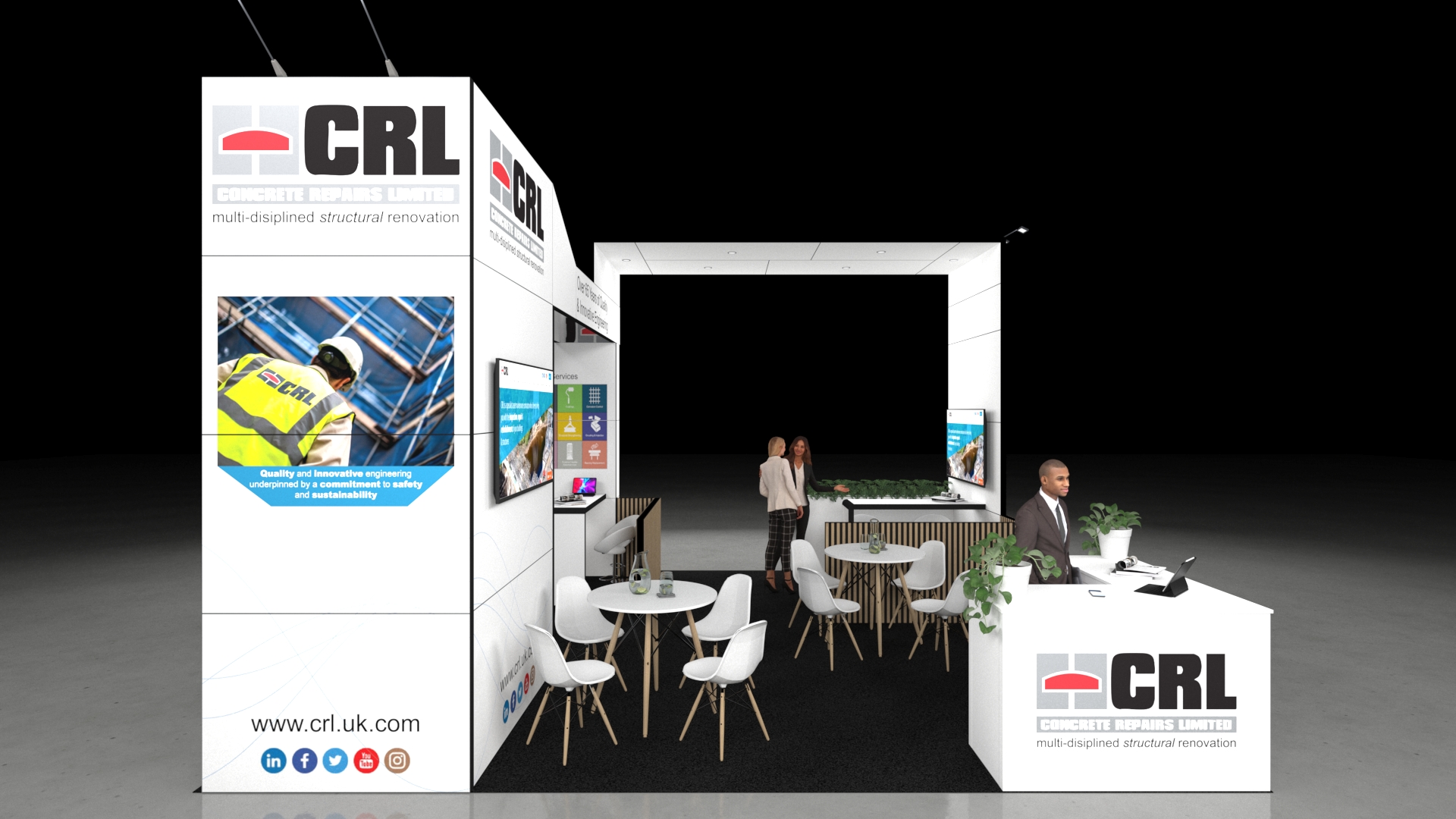 A 6x6 metre exhibition stand. The open layout includes a central reception counter, two round meeting tables, and a rear service bar with a wooden slatted screen. An overhead arch connects the main pillars. People are shown interacting around the integrated screens and graphics.