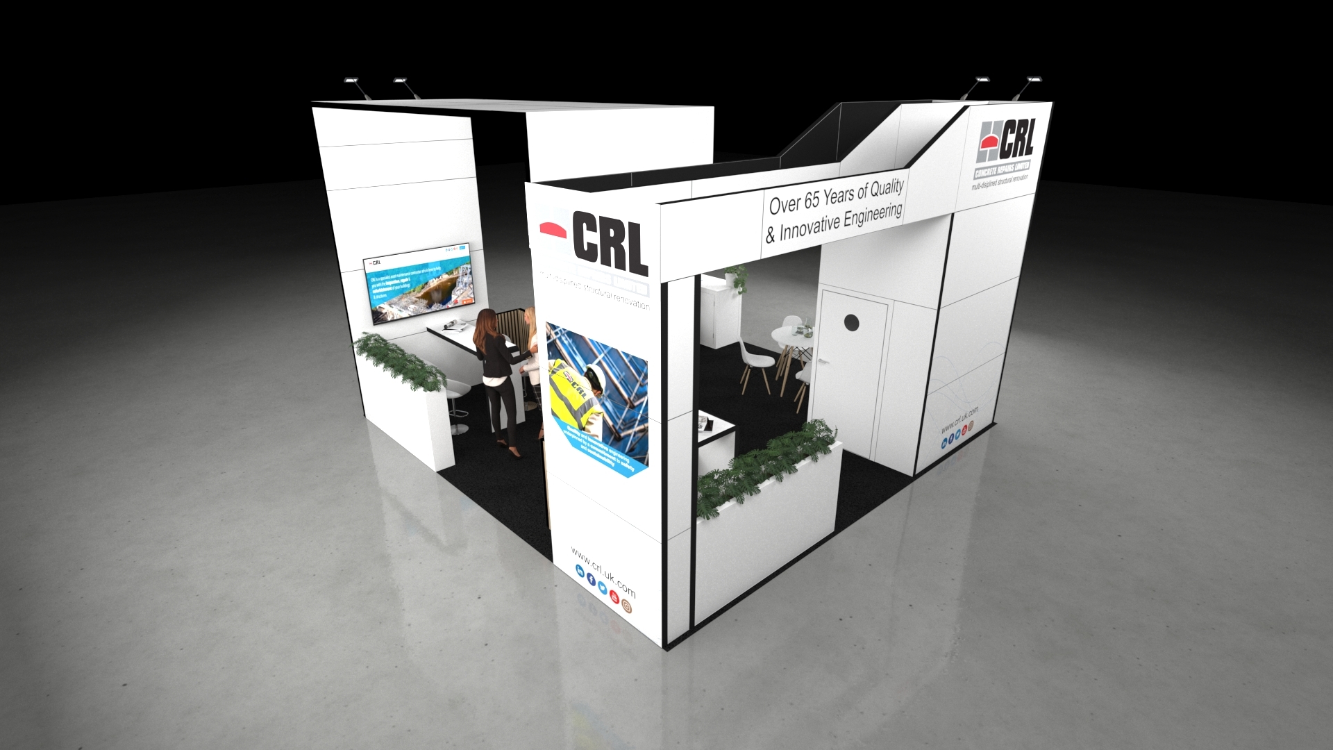 A 6x6 metre exhibition stand. The open layout includes a central reception counter, two round meeting tables, and a rear service bar with a wooden slatted screen. An overhead arch connects the main pillars. People are shown interacting around the integrated screens and graphics.