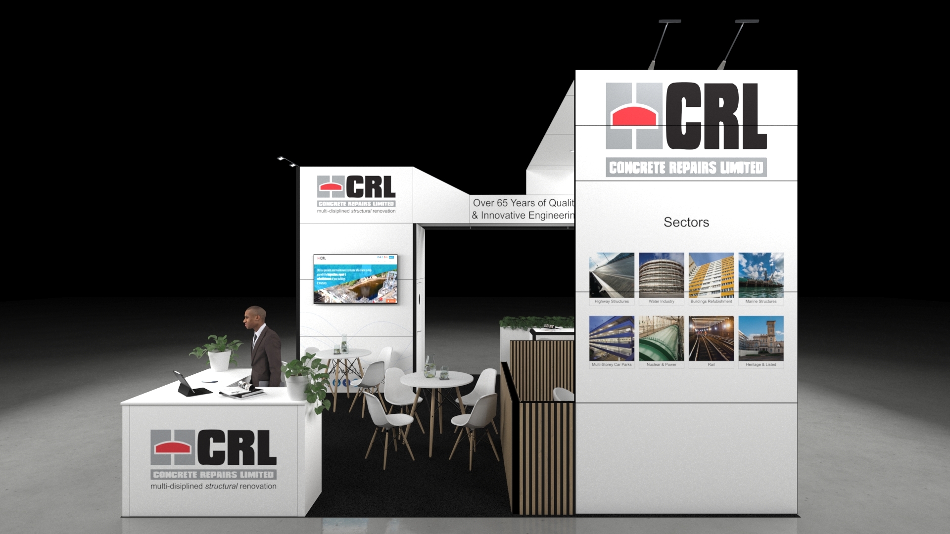 A 6x6 metre exhibition stand. The open layout includes a central reception counter, two round meeting tables, and a rear service bar with a wooden slatted screen. An overhead arch connects the main pillars. People are shown interacting around the integrated screens and graphics.
