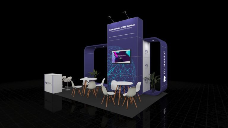 A 5x4 metre exhibition stand. The modern, sculptural design features large curved structural elements and a towering central pillar with an integrated digital screen. The open space contains two meeting tables with multiple chairs, and a small counter.