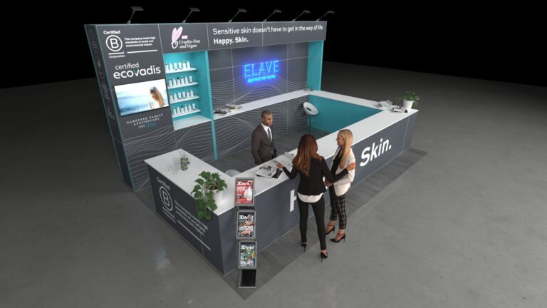 A 6x4 metre exhibition stand. The stand features a long, U-shaped white reception counter and a back wall with integrated product shelving and a large neon logo. An arched niche creates a focal point.