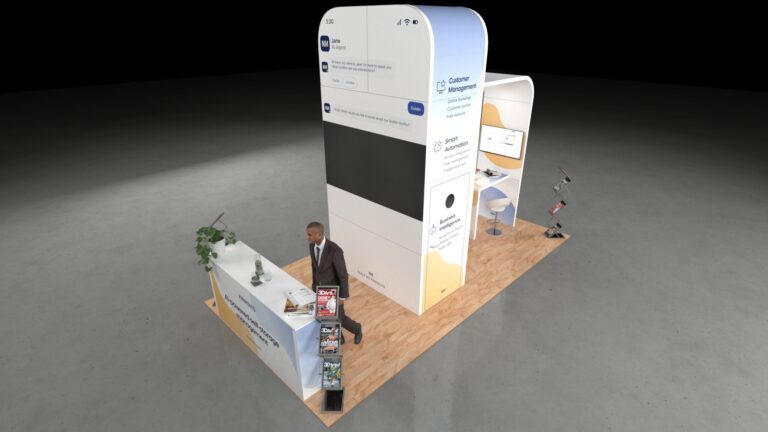A contemporary 6x3m island exhibition stand with a tall, arched structure. The stand features a front reception counter, a large integrated video wall, a second smaller monitor in a consultation area, and multiple magazine racks. The floor is light wood on a grey background.