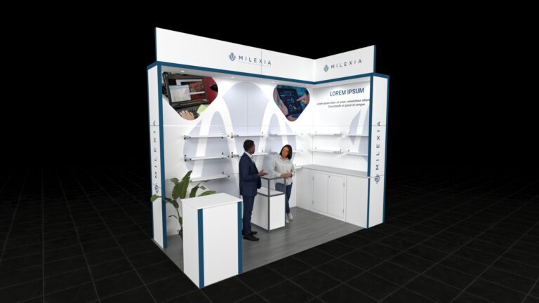 2x3 exhibition booth with central counter, illuminated shelving on back and side walls, two printed panels, overhead lighting, and a decorative plant.