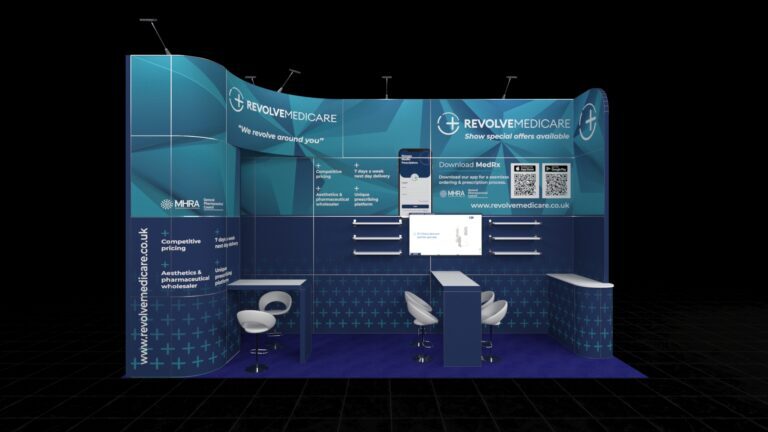 High-impact, wide inline exhibition stand defined by a prominent curved top structure. The layout features a central display area with a screen and shelves, flanked by two matching high consultation pods with stools for focused discussions.