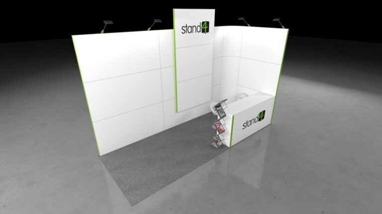 3D render of a 5x2 exhibition stand with two back walls, a front counter, brochure rack, and overhead spotlights on a grey floor.