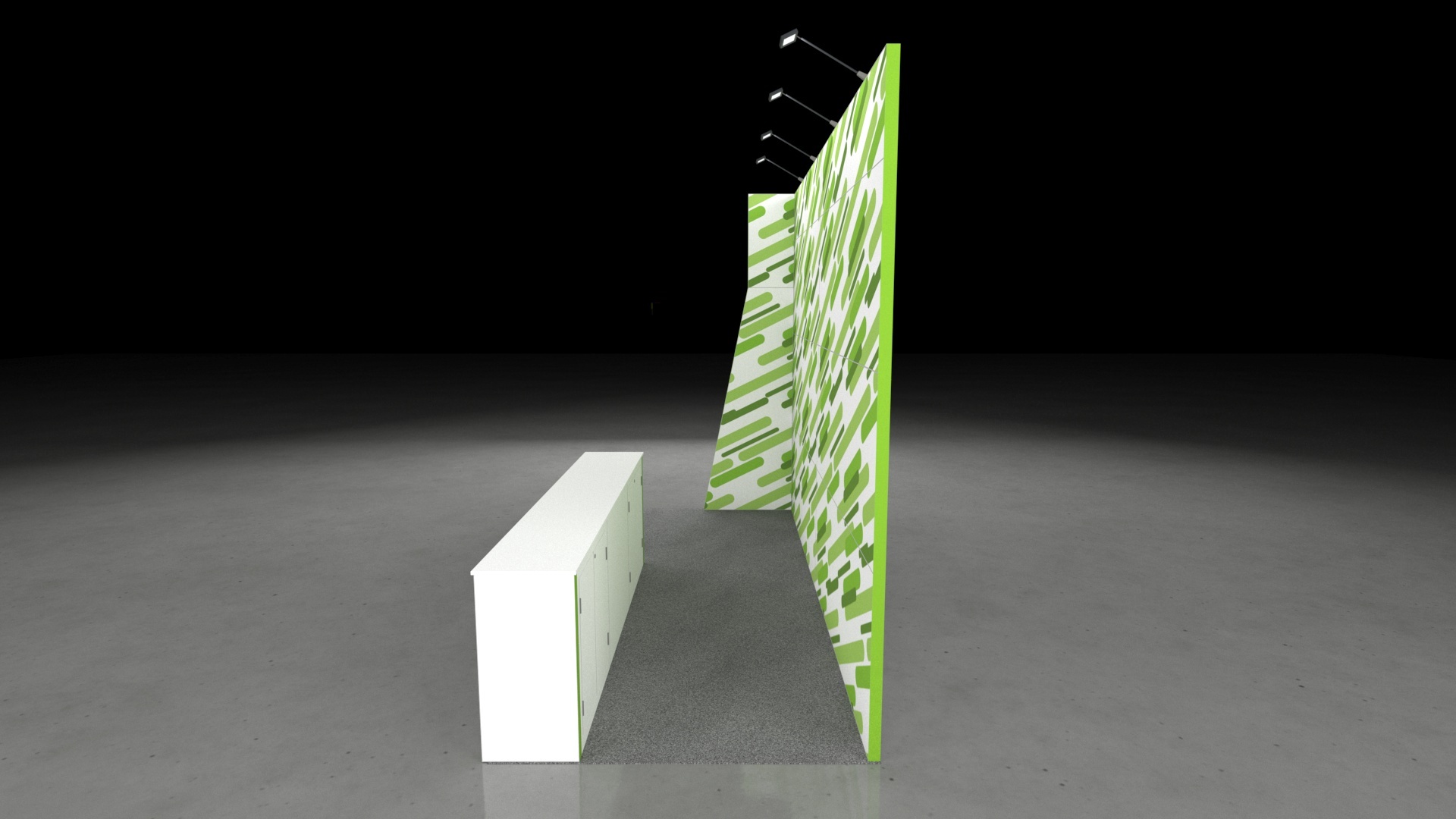 Cocoroc1 3D render of a 5x2 exhibition stand with a tall back wall, side return wall, front counter, and overhead spotlights on a grey floor.