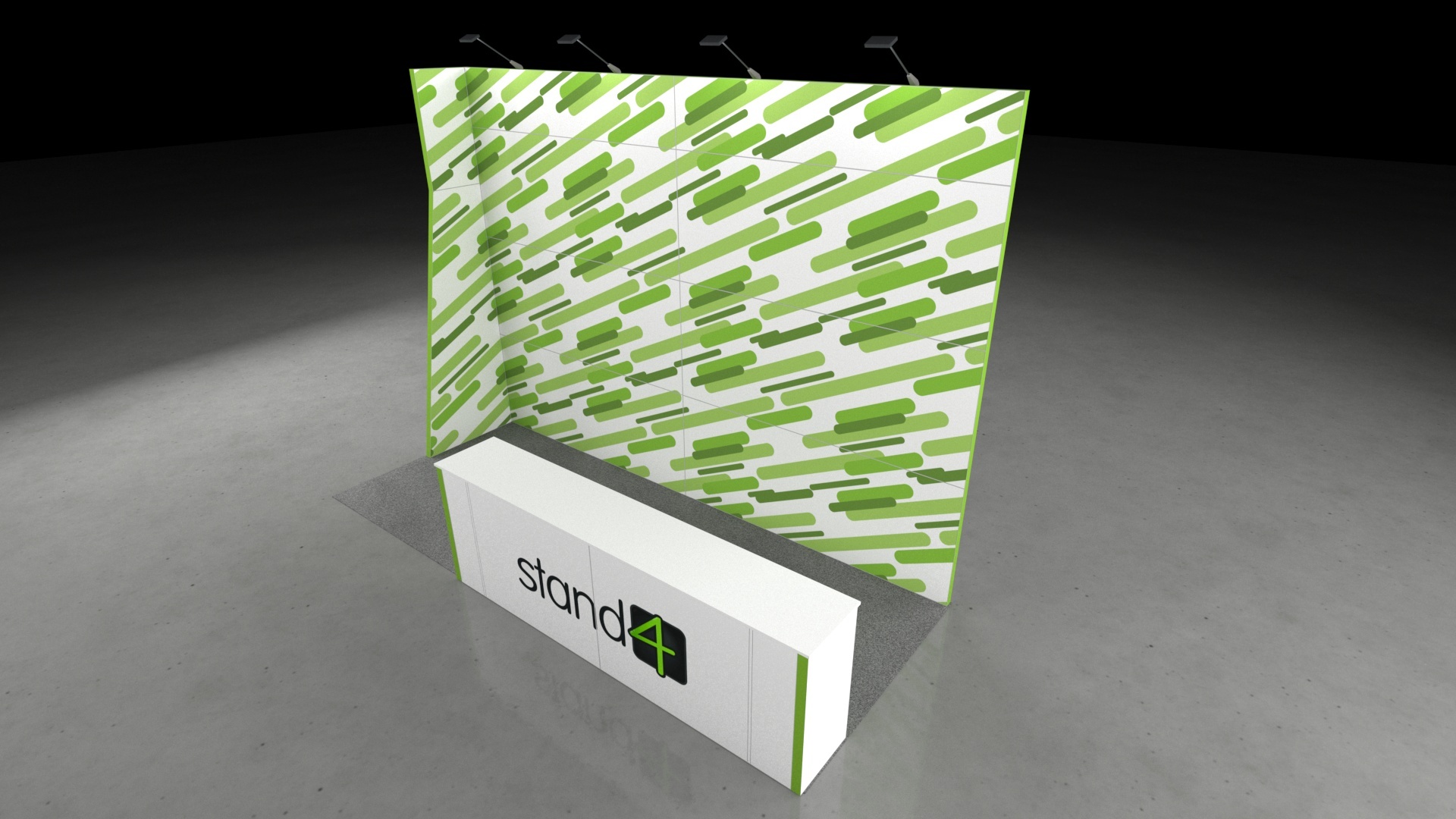 Cocoroc2 3D render of a 5x2 exhibition stand with a tall back wall, side return wall, front counter, and overhead spotlights on a grey floor.