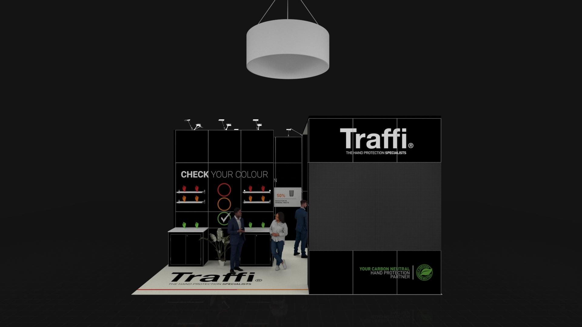 Belfast3 Modern exhibition stand with tall panels, glove displays, floor graphics, and a large circular hanging light above. Several people are interacting around the booth.